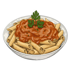 Illustration of Penne Pasta with Tomato Sauce and Parsley in Bowl
