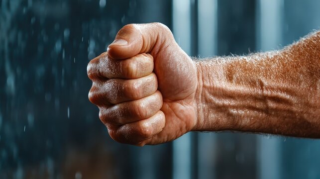 An intense close-up of a clenched fist, showcasing strength and determination, reflecting human emotions of power and resilience under pressure.