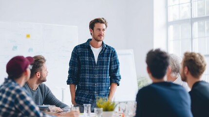 Fototapeta premium Confident Young Man Leading a Team Meeting in a Modern Office He's Presenting Ideas to Colleagues