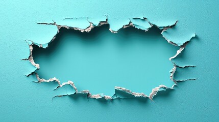 Ripped turquoise painted surface revealing a smooth interior.