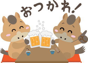 馬たちの乾杯！新年会・宴会を楽しむイラスト（午年）