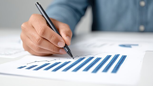 Close up of a hand meticulously analyzing a bar graph business report using a pen a detailed financial analysis