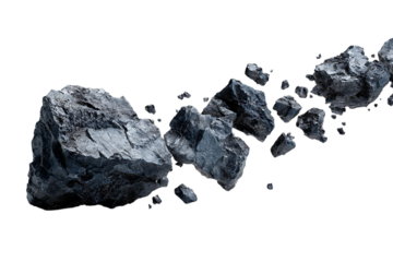 Close up of an asteroid field floating in space.  Dark, rocky fragments.