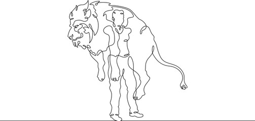 Continuous one line drawing animal trainer. Circus. Tiger training. Animals in the circus. Animal tamer.One continuous line isolated minimal illustration.Not AI.