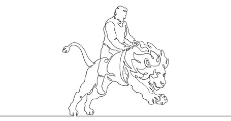 Continuous one line drawing animal trainer. Circus. Tiger training. Animals in the circus. Animal tamer.One continuous line isolated minimal illustration.Not AI.