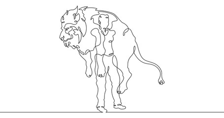 Continuous one line drawing animal trainer. Circus. Tiger training. Animals in the circus. Animal tamer.One continuous line isolated minimal illustration.Not AI.