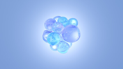 A cluster of transparent blue liquid droplets floating and merging in mid-air. Minimalist and abstract composition representing hydration, purity, skincare, or futuristic scientific concepts. Isolated