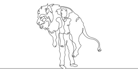 Continuous one line drawing animal trainer. Circus. Tiger training. Animals in the circus. Animal tamer.One continuous line isolated minimal illustration.Not AI.