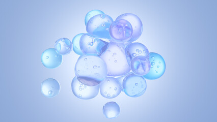 A cluster of transparent blue liquid droplets floating and merging in mid-air. Minimalist and abstract composition representing hydration, purity, skincare, or futuristic scientific concepts. Isolated