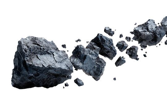 Close up of an asteroid field floating in space.  Dark, rocky fragments.