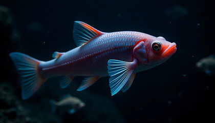 tropical fish swimming in aquarium, The background suggests a deep-sea or aquarium setting, with dark surroundings that highlight the fish's bright colors, 4k and HD image