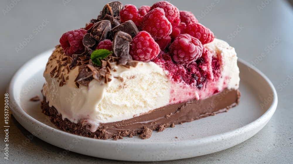 Poster this delectable slice of chocolate raspberry ice cream cake features layers of rich chocolate and re