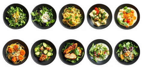 Assorted dishes in bowls on transparent background