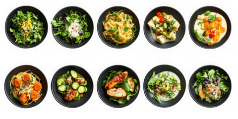 Assorted dishes in bowls on transparent background