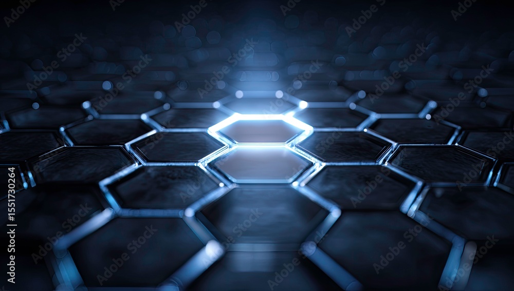 Poster futuristic hexagonal grid with glowing center cell on transparent background hexagonal grid glowing