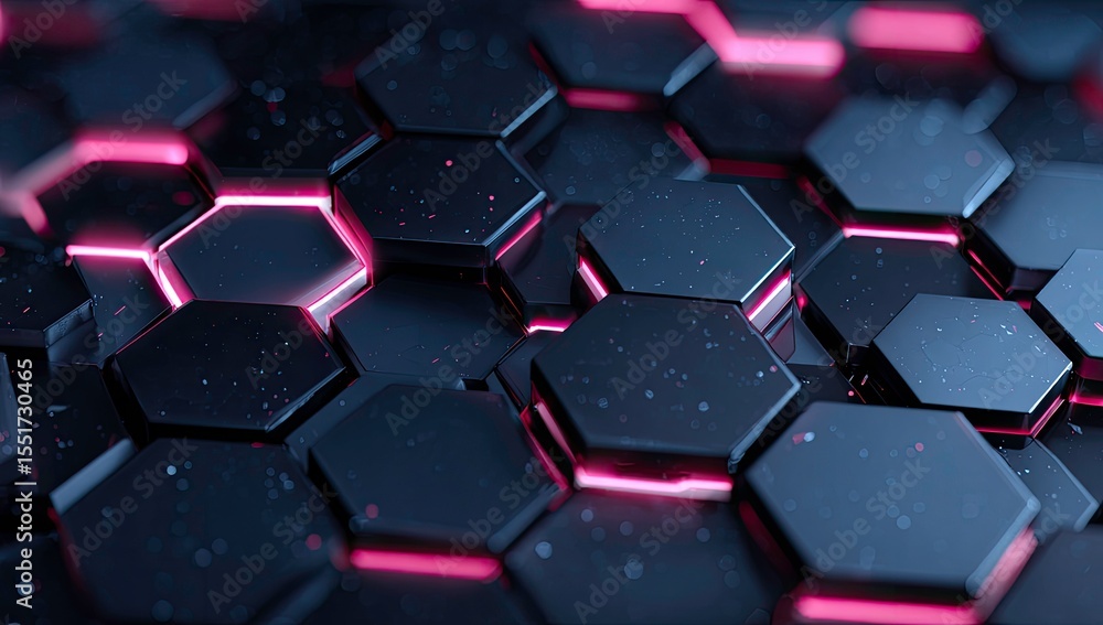 Poster abstract dark hexagonal background with pink glowing edges on transparent background
