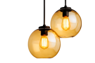Two globe pendant lights, warm light, home decor.