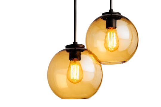 Two globe pendant lights, warm light, home decor.
