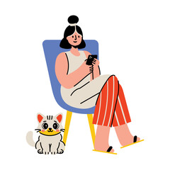 A flat style illustration of a cute kitten sitting near its owner 

