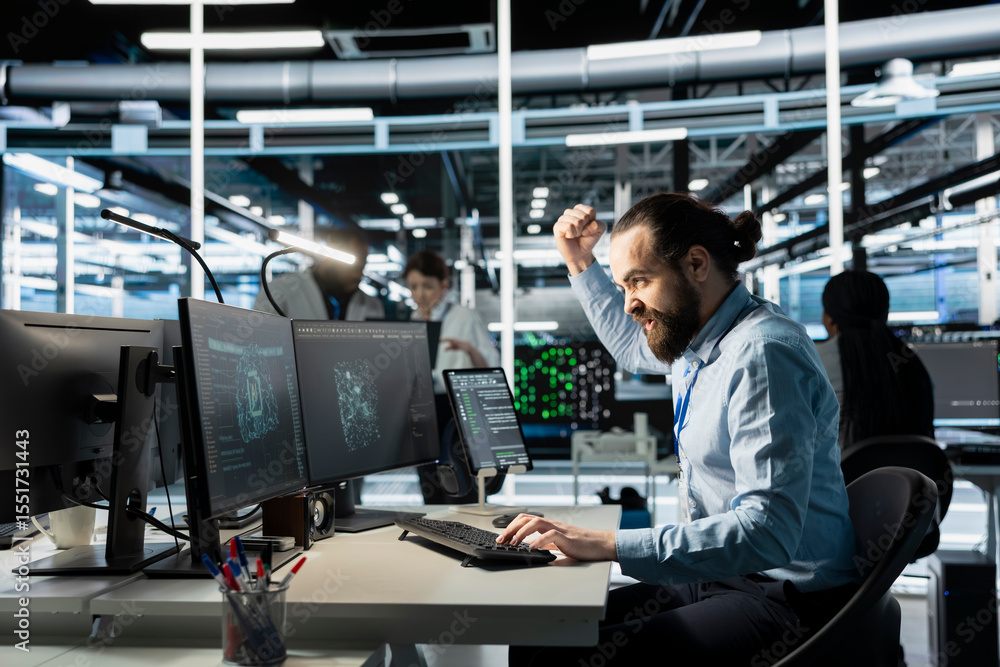 Poster angry software developer in data center clenching fists while looking at ai visualization interface 