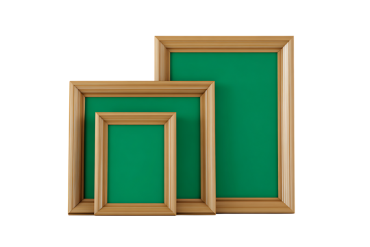 Three wooden picture frames with green inserts, different sizes.