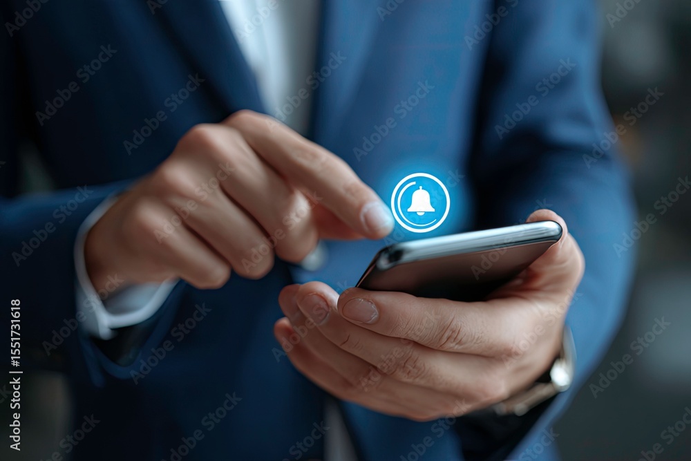 Poster man using smartphone with notification bell icon on transparent background