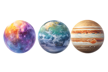 Earth, Jupiter, and a nebula planet. Space, universe, astronomy.