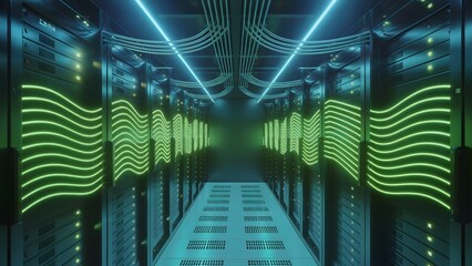 Server firewall pulse lines showing dynamic security waves across rack clusters