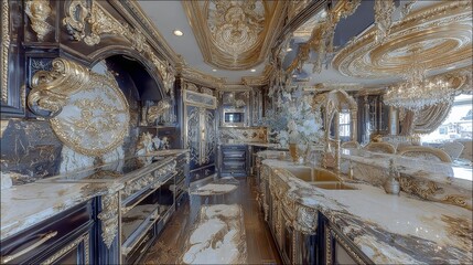 Fototapeta premium The traditional kitchen's dark wood cabinets and large granite island with ogee edges and brass fixtures are elevated by the vintage-style range hood, whose detailed carvings add a touch of luxury to