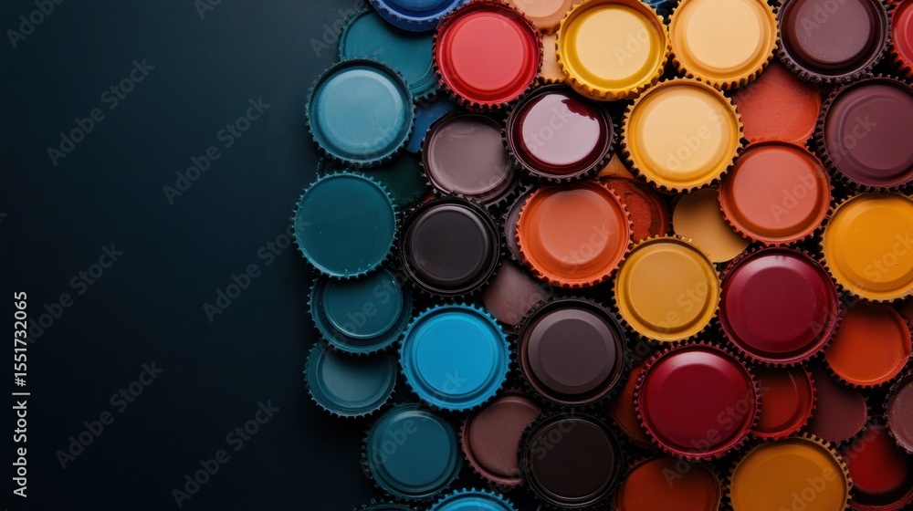 Poster a visually striking mosaic of colored bottle caps arranged on a dark surface, creating a captivating