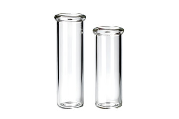 Clear glass test tubes or containers, isolated on black.