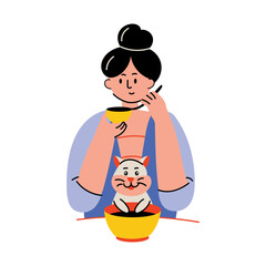 A flat style illustration showing a character eating food with her pet 
