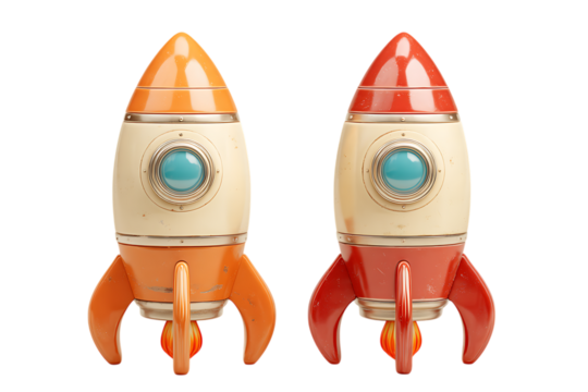 Two vintage rockets ready for liftoff.  Space, adventure, and innovation concept.