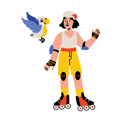 A flat style illustration showing a character having pet bird 

