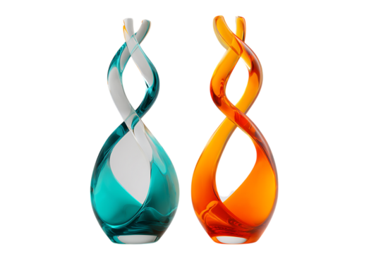 Pair of elegant, twisted glass sculptures in teal and orange.