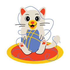 A flat style illustration of a cat playing with a yarn ball 
