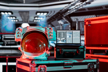 Red light in spacecraft over space helmet and laptop showing errors during orbit launch systems...