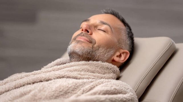 A man of Caucasian descent is depicted unwinding in a spa chair, personifying the concepts of self-care and relaxation, making it suitable for themes related to stress relief and overall wellness