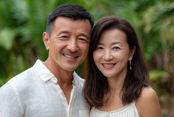 Fototapeta premium an Asian couple smiling, with the woman in white and her husband wearing light gray short sleeves