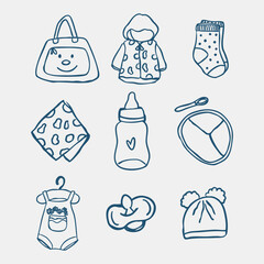 Hand drawn line icon of baby, elements, maternity bag, baby bottle, baby clothes, socks, pacifier.