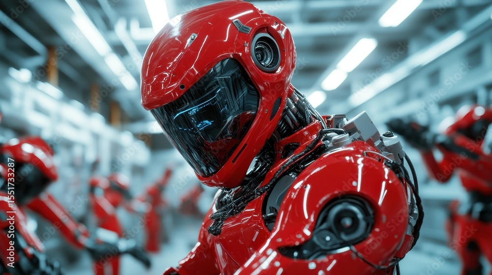 Poster this close-up view of a futuristic red robot showcases its advanced design and technology, portrayin