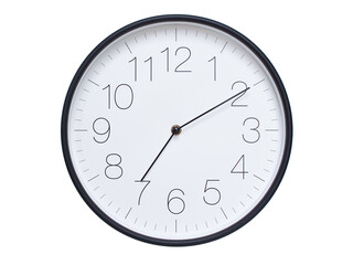 Simple wall clock with black frame and white face displaying 07:10 or 19:10. Ideal for time,...