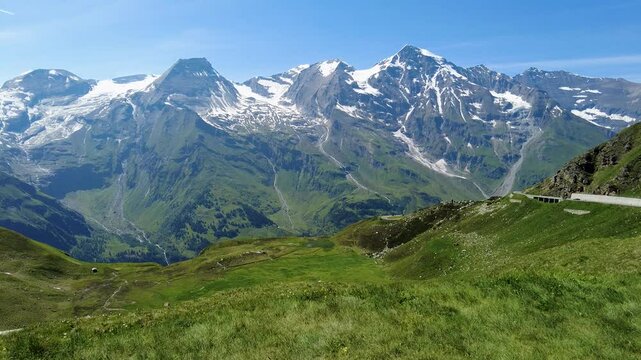 Panoramic Drone Shot of Grossglockner Mountains and Snow-Covered Wiesbachhorn in the Austrian Alps