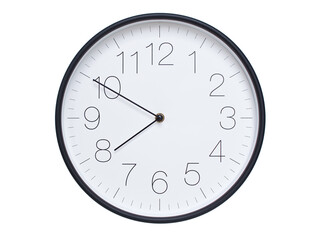 Simple wall clock with black frame and white face displaying 07:50 or 19:50. Ideal for time, schedule, and punctuality themes.