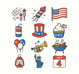 Independence Day celebration icon bundle in flat cartoon style with traditional American holiday items and symbols