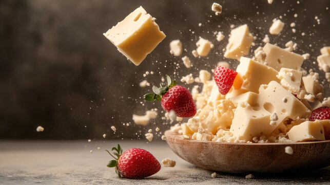 An artistic explosion of cheese cubes juxtaposed with ripe strawberries, capturing the essence of playful culinary creativity in motion and vibrant colors.
