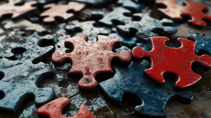Close-up of a puzzle with red and blue pieces