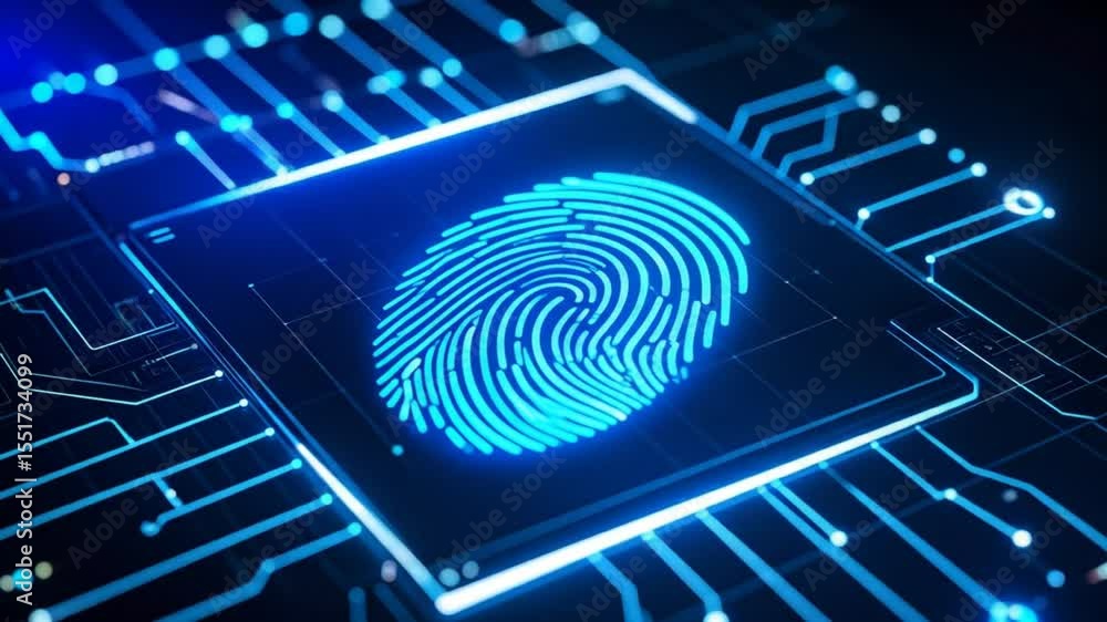 Poster futuristic biometric security: fingerprint scan animation on circuit board technology