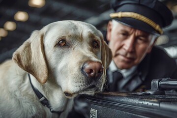 Security dog sniffing luggage with security officer at airport
