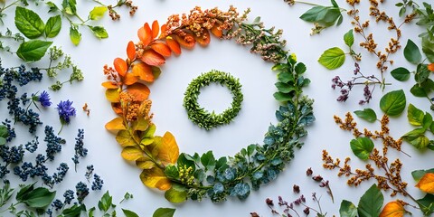 Colorful Arrangement of Leaves and Flowers in a Circular Design